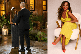 Nurse Gerri Flowers, stylishly dressed, meets Mel Owens on The Golden Bachelor premiere; Gerri is also shown seated in a yellow dress.