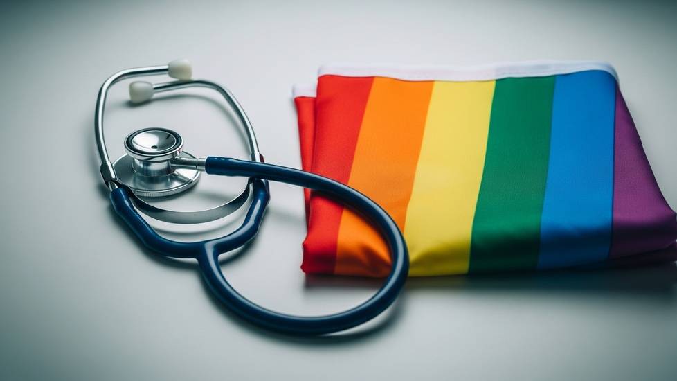 A stethoscope lies next to a neatly folded rainbow LGBTQ+ pride flag on a clean, white surface
