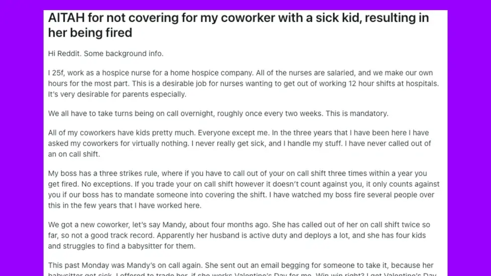 "AITAH for not covering for my coworker with a sick kid?"- GenZ Nurse's Reddit Goes Viral