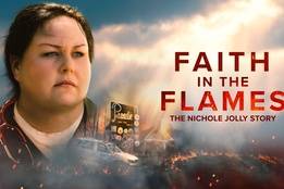 Promotional image for Lifetime’s "Faith in the Flames: The Nichole Jolly Story" featuring a nurse in uniform with a stethoscope, a burning landscape with emergency vehicles, and the Paradise town sign