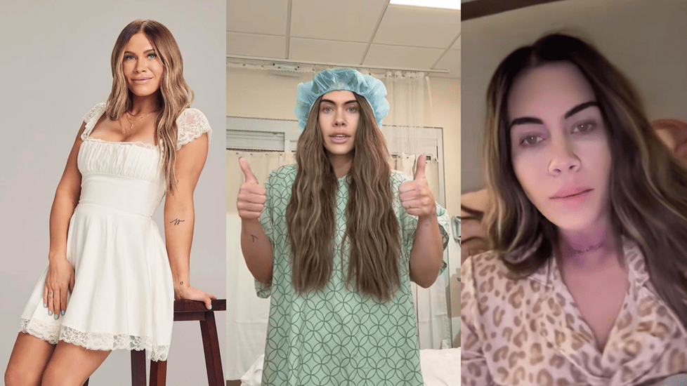 Jessi Ngatikaura in a three-panel collage: posing confidently in a white lace-trimmed dress, giving two thumbs up in a hospital gown and surgical cap, and relaxing at home in leopard-print pajamas.