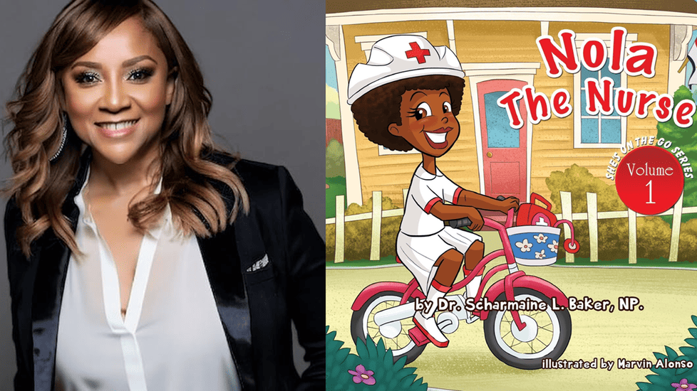 Cover of the children’s book “Nola The Nurse” authored by Scharmaine Baker, illustrating a cartoon nurse riding a bicycle in front of a house, alongside a picture of the author.