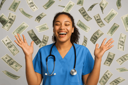 Smiling nurse in blue scrubs with a stethoscope, joyfully raising her hands as dollar bills float through the air around her against a light gray background.
