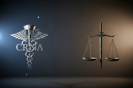CRNA caduceus and scales of justice, balanced on a dark background.