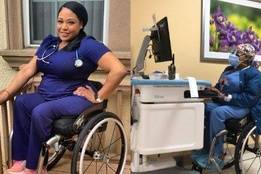 Nurse in wheelchair working at hospital
