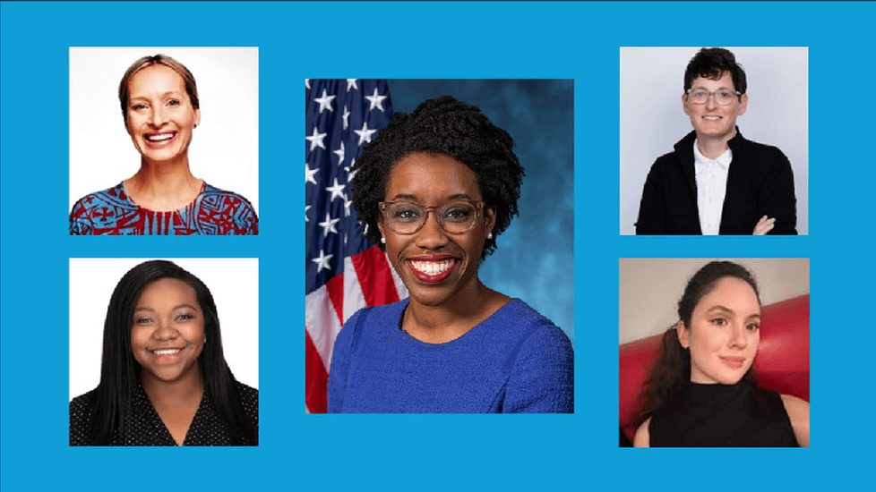 Collage of five women nurses highlighted for their leadership and impact in nursing, featuring professional headshots and portraits against neutral and office-style backgrounds.