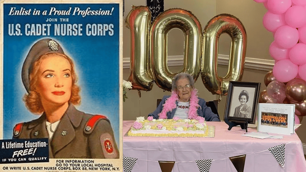 World War II U.S. Cadet Nurse Corps recruitment poster next to centenarian Agnes Lowe celebrating her 100th birthday, seated in front of a cake with pink decorations and balloons.