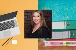 Woman's profile picture next to laptop and binders