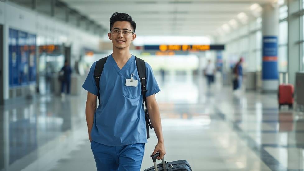 travel nurse walking through the airport