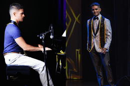 Jean Carlo Salazar, Mister Connecticut—playing piano on stage in a blue shirt and white pants, and later smiling in a white tuxedo with sash at the Mister USA competition.