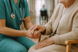 Nurse holding elderly patient’s hand in nursing home care.