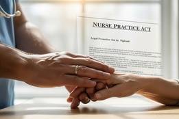 Image shows a human nurse's hand holding a patient's hand, with an overlay of the Nurse Practice Act document in the background, symbolizing the legal protection and human connection in nursing care
