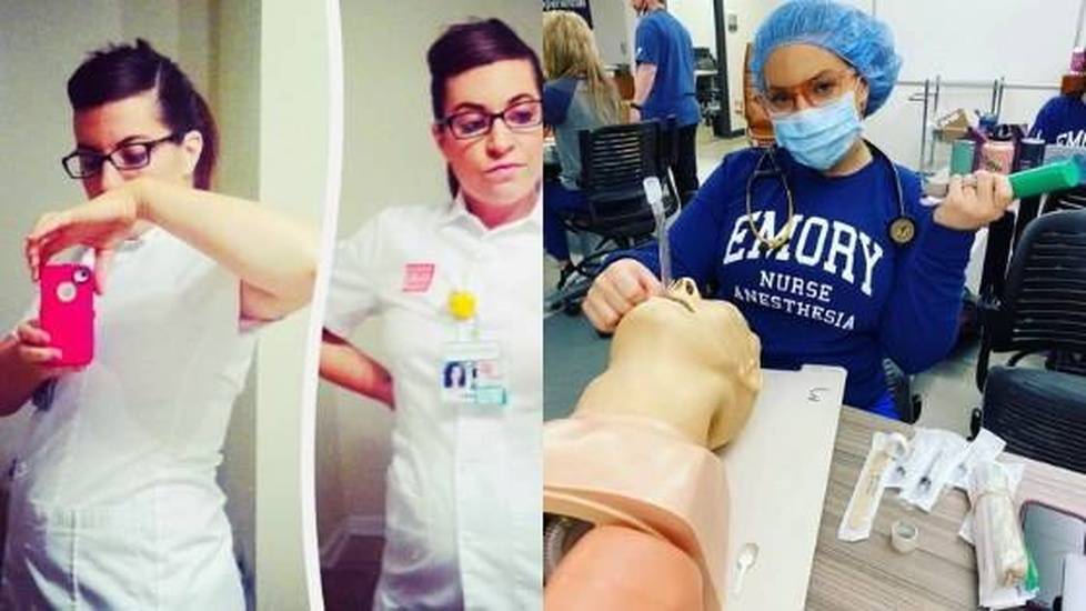 Pregnant nurse taking selfies and practicing healthcare on dummy