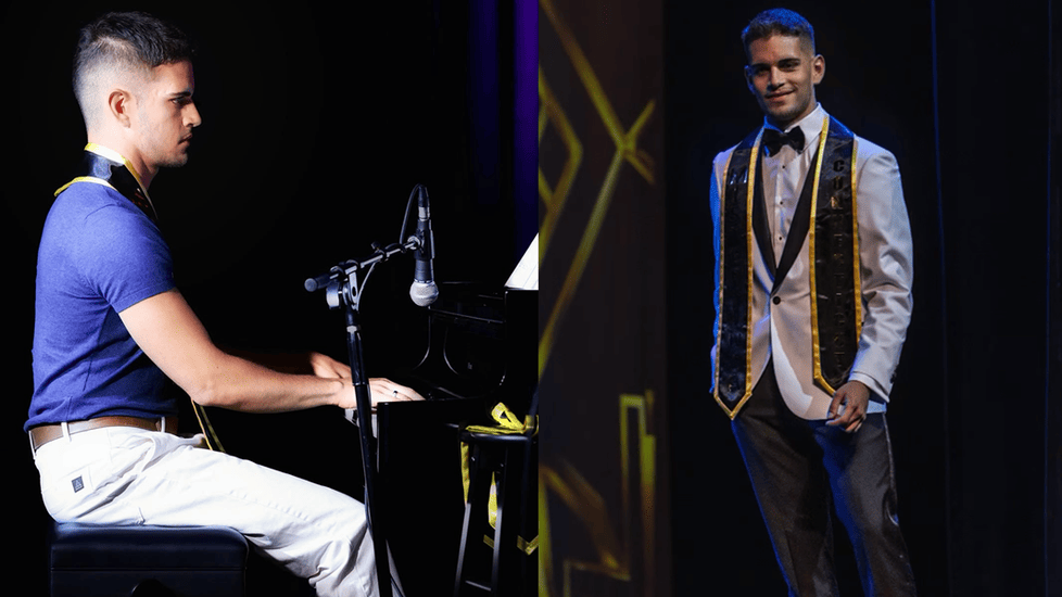 Jean Carlo Salazar, Mister Connecticut—playing piano on stage in a blue shirt and white pants, and later smiling in a white tuxedo with sash at the Mister USA competition.