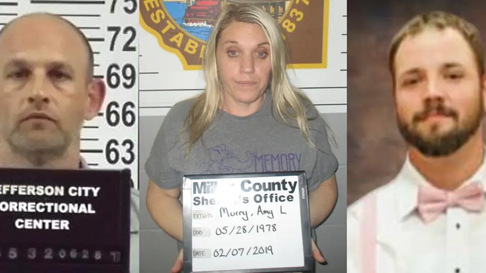 Mugshots of individuals involved in the Amy Murray case: Amy Murray holding a placard with her name and booking details, a mugshot of Eugene Claypool and her husband Joshua Murray