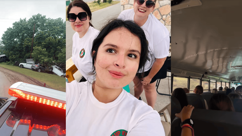 Collage of the Camp Mystic flood evacuation: damaged cars on a muddy roadside, camp staff days before the floods, and campers riding an evacuation bus.