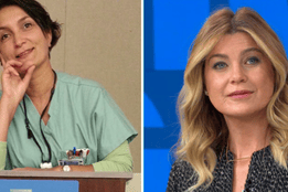 Laura Tiu, former Grey’s Anatomy background nurse and now a real-life trauma nurse, pictured in scrubs next to Ellen Pompeo, star of Grey’s Anatomy.