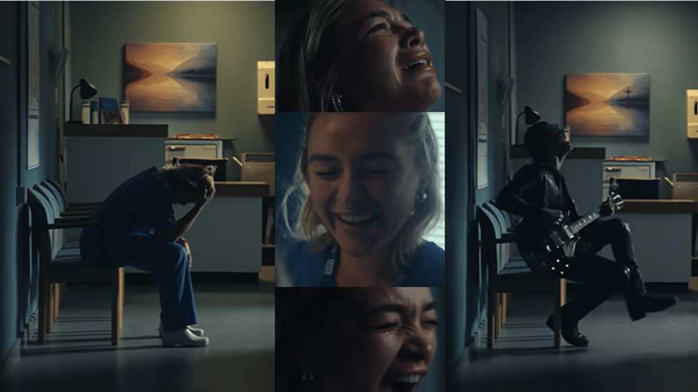 Florence Pugh as a nurse in Yungblud’s “Zombie” music video, shown in emotional highs and lows, sitting exhausted in scrubs and later with Yungblud playing guitar in a hospital corridor.
