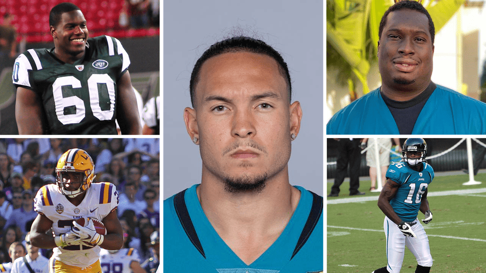 Collage of five former NFL players who became nurses, shown in football uniforms and nursing scrubs.