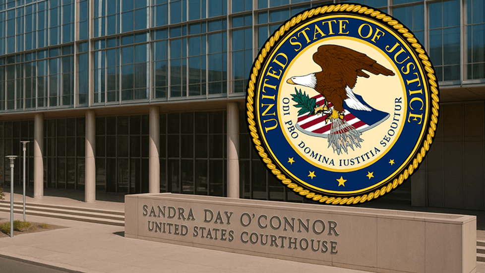A photograph of the Sandra Day O'Connor Courthouse in Phoenix, AZ. The U.S. Department of Justice seal is included too.