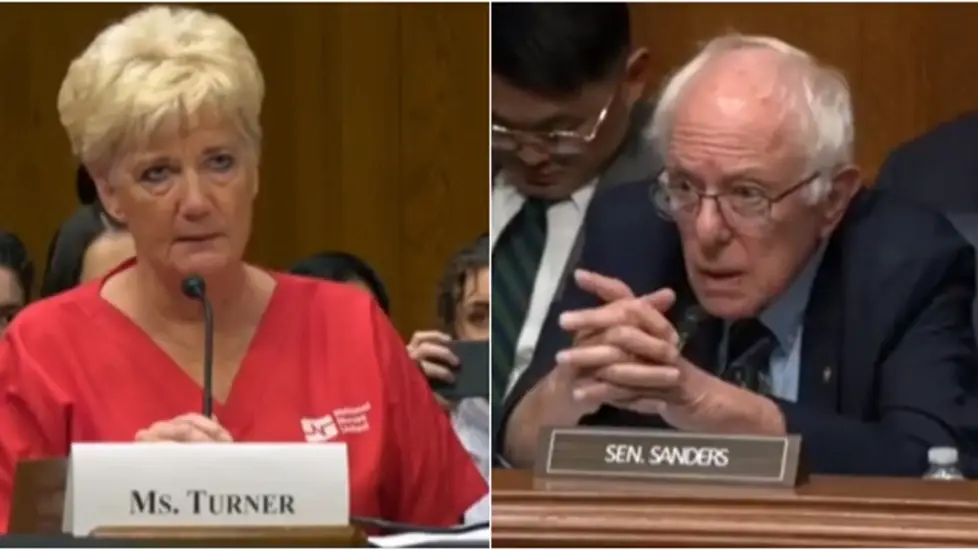 Photos of NNU President Mary Turner, RN, testifying before the Senate HELP Committee in red union scrubs, and Senator Bernie Sanders speaking during the hearing on the national nurse staffing crisis.
