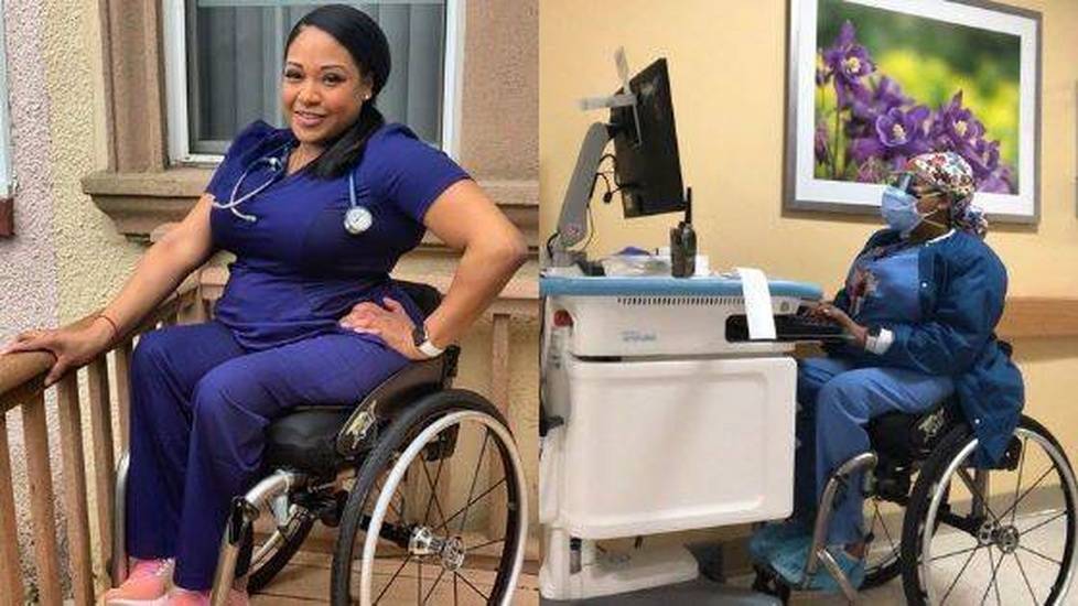 Nurse in wheelchair working at hospital