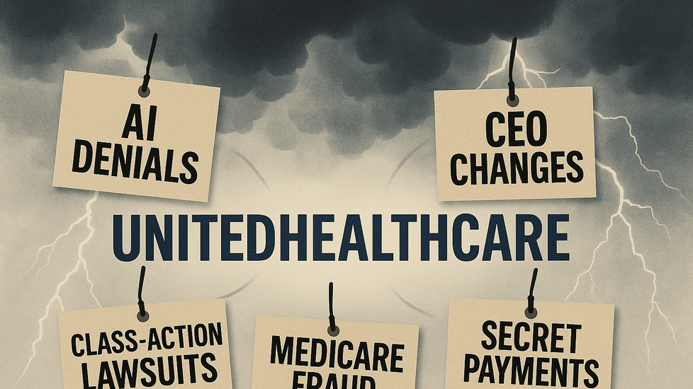 Illustration showing storm clouds and lightning above "UnitedHealthcare," surrounded by "AI Denials," "CEO Changes," "Class-Action Lawsuits," "Secret Payments," "Medicare Fraud"