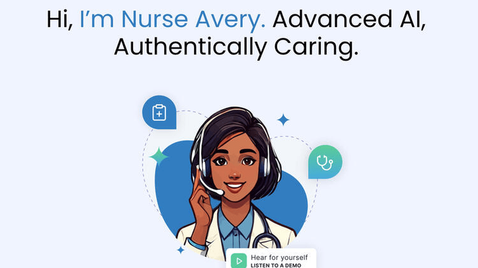 Illustration of "Nurse Avery," an AI-powered virtual nursing assistant. The digital character is depicted as a friendly, headset-wearing woman with dark hair and stethoscope around her neck, smiling.
