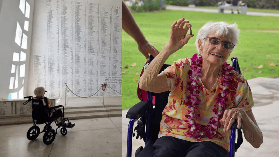 Alice Beck Darrow, 106-year-old WWII Navy nurse, visits the USS Arizona Memorial at Pearl Harbor in her wheelchair and smiles while holding up the bullet once lodged in her husband’s heart.