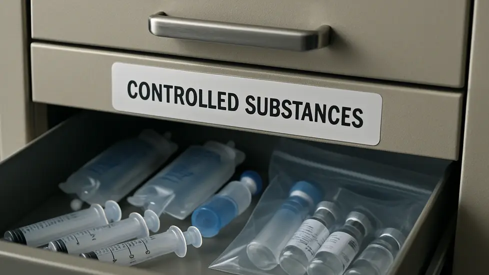 Open drawer labeled “Controlled Substances” containing syringes, IV bags, and vials of medication in a hospital or clinical setting.
