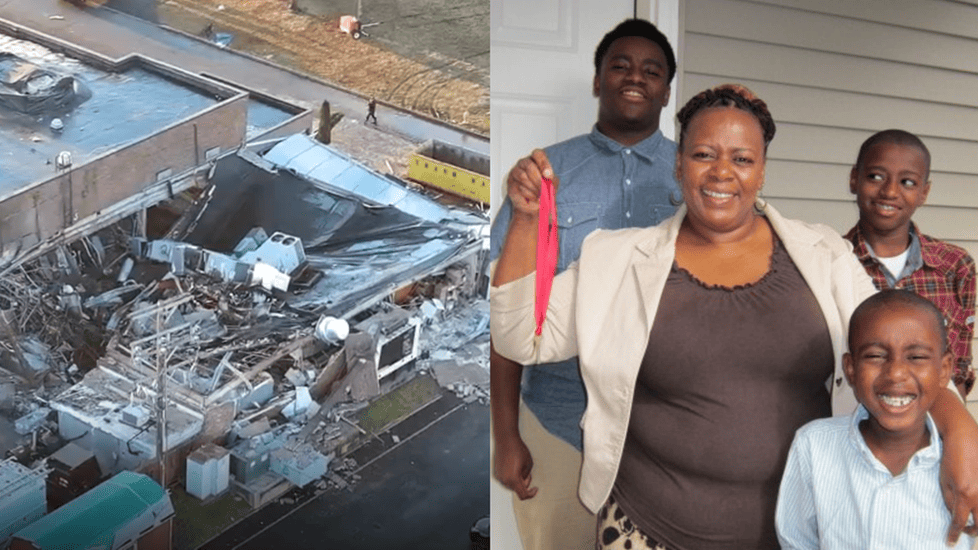 Aerial view of the partially collapsed Bristol Health & Rehab Center after a gas explosion, alongside a family photo of CNA Muthoni Nduthu with her three sons, whom she leaves behind.