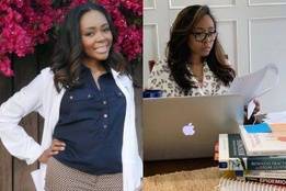 Healthcare professional in lab coat and studying on laptop