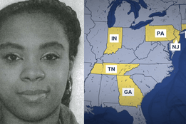 Map highlighting multiple U.S. states involved in fake nurse Shannon Womack's case, alongside a partial mugshot.