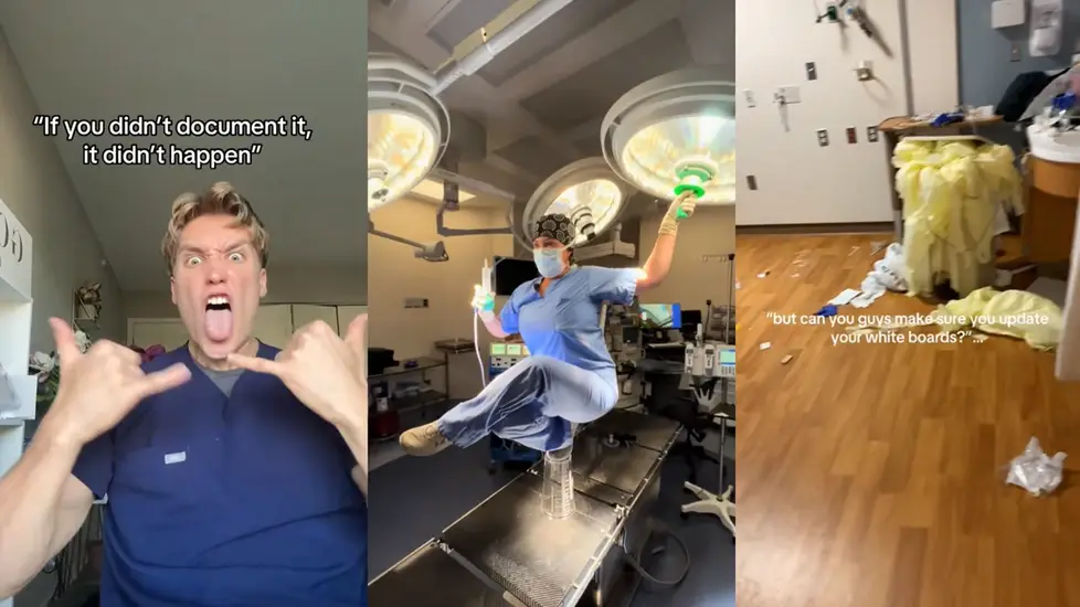 Collage of TikTok clips showing nurses in scrubs doing the latest TikTok trends: Charting #Facts, Nicki Minaj Balance Challenge, Jet2 Holiday