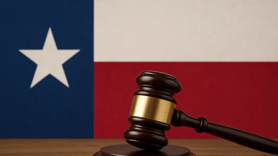 A wooden judge’s gavel with a gold band rests on a sound block in the foreground, set against the backdrop of the Texas state flag with its blue, white, and red sections and a prominent white star.