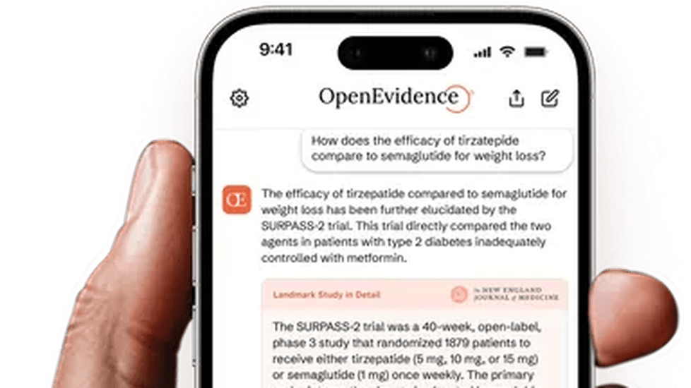 A smartphone displaying the OpenEvidence app interface. The screen shows a medical evidence summary comparing tirzepatide and semaglutide for weight loss, including a short description and a chart.