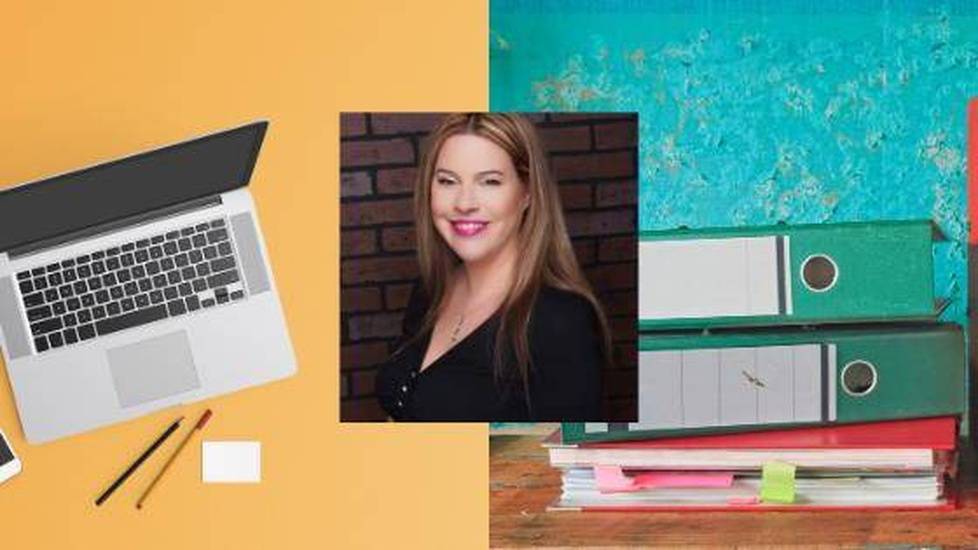 Woman's profile picture next to laptop and binders