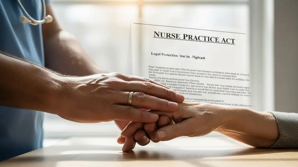Image shows a human nurse's hand holding a patient's hand, with an overlay of the Nurse Practice Act document in the background, symbolizing the legal protection and human connection in nursing care