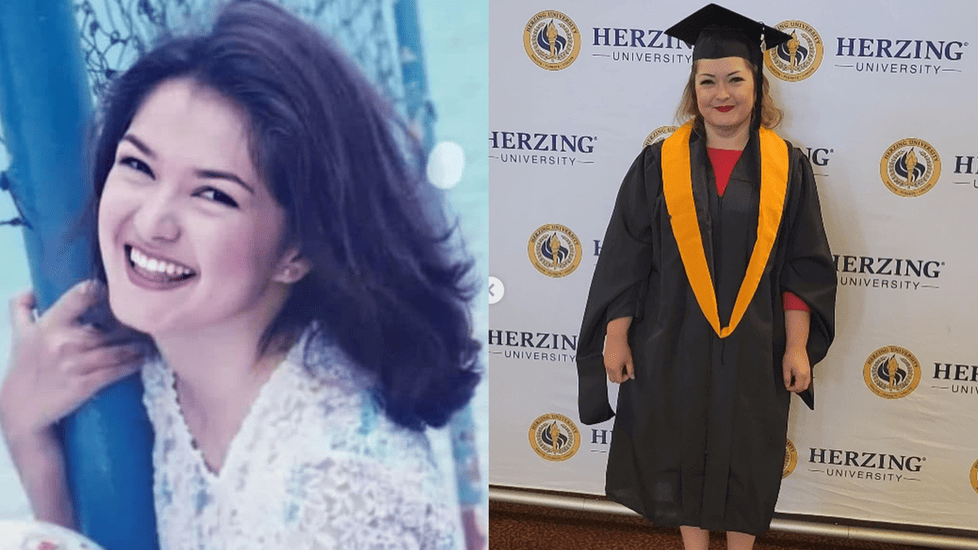Side-by-side images of Kim delos Santos—on the left, a smiling young Kim during her acting career in the Philippines; on the right, Kim in her nursing graduation gown.