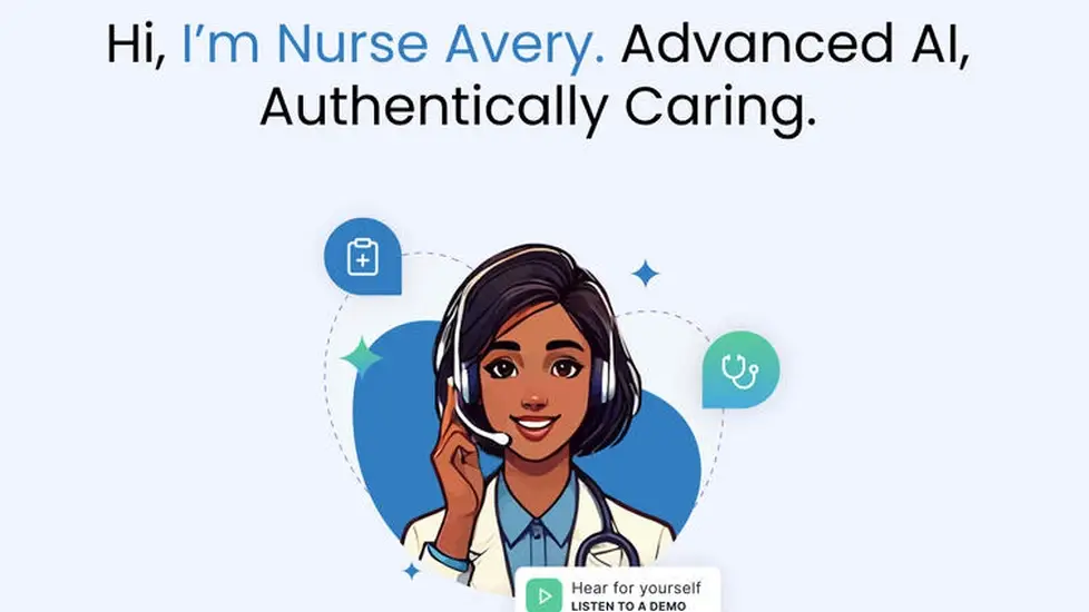 Illustration of "Nurse Avery," an AI-powered virtual nursing assistant. The digital character is depicted as a friendly, headset-wearing woman with dark hair and stethoscope around her neck, smiling.