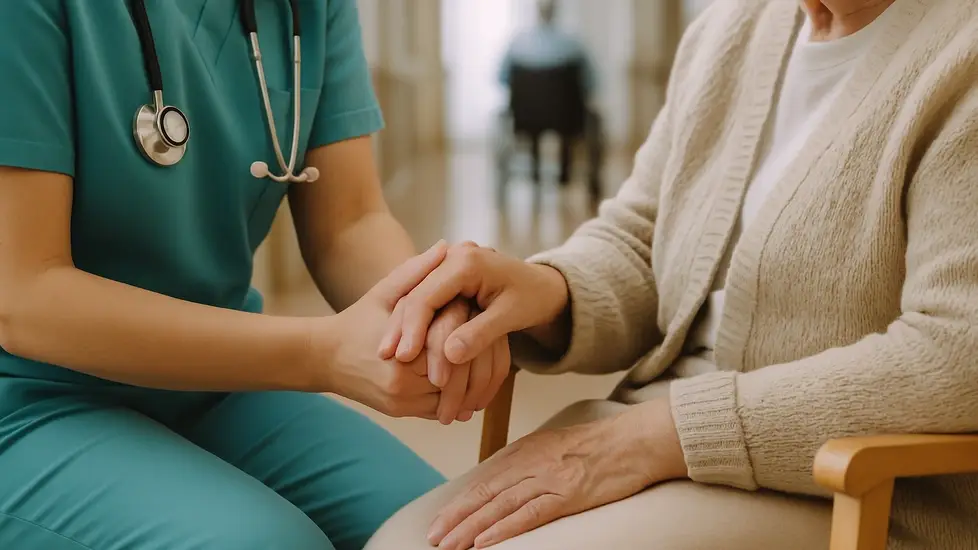 Nurse holding elderly patient’s hand in nursing home care.