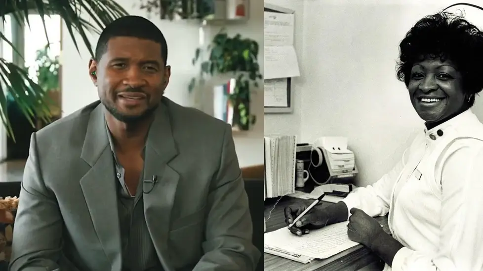 Left: Usher seated in a suit for an interview with Local3News. Right: His grandmother, Ernestine Carter, in a nursing uniform writing at a desk.