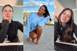 Photo collage of former Siesta Key cast member Cara Geswelli — at work in scrubs looking pensive, smiling on a beach in a blue sweatshirt, and leaning over a desk at her nursing job.