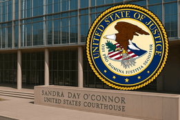 A photograph of the Sandra Day O'Connor Courthouse in Phoenix, AZ. The U.S. Department of Justice seal is included too.