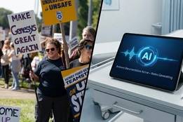 Split-screen image: Left side shows striking nurses holding picket signs. Right side shows a medical tablet displaying an AI documentation interface.