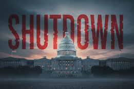 United States Capitol building at dusk under a cloudy sky with the word SHUTDOWN in large, translucent red letters superimposed above it, conveying the impact of the government shutdown.