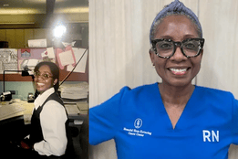 Side-by-side photos of Jocelyn Brooks: on the left, working at her finance job before 9/11; on the right, smiling in blue scrubs at Memorial Sloan Kettering Cancer Center.