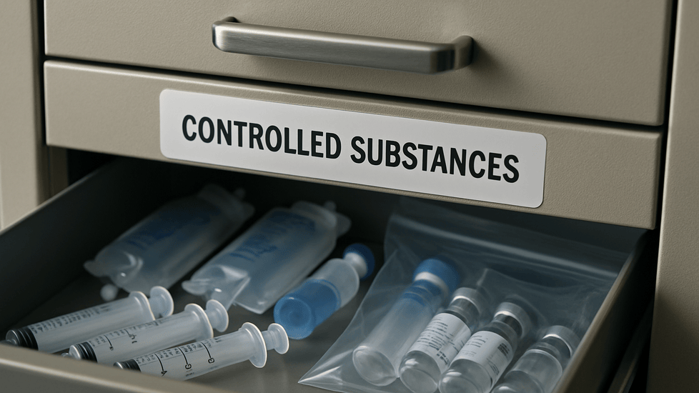 Open drawer labeled “Controlled Substances” containing syringes, IV bags, and vials of medication in a hospital or clinical setting.
