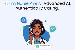 Illustration of "Nurse Avery," an AI-powered virtual nursing assistant. The digital character is depicted as a friendly, headset-wearing woman with dark hair and stethoscope around her neck, smiling.
