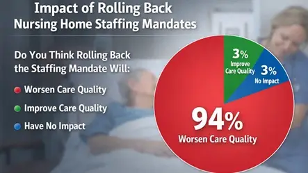 Pie chart showing 94% of nurses say rolling back nursing home staffing rules will worsen patient care, with 3% saying it would improve care and 3% saying it would have no impact.